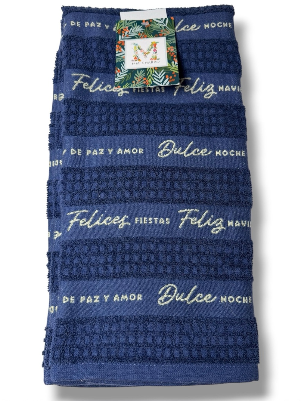 Festive Script Kitchen Towel in Navy - Holiday Waffle Weave